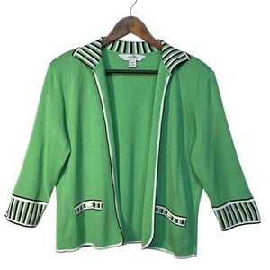 Ming Wang Green Knit Cardigan Jacket Striped Trim Open Front M Shoulder Pads